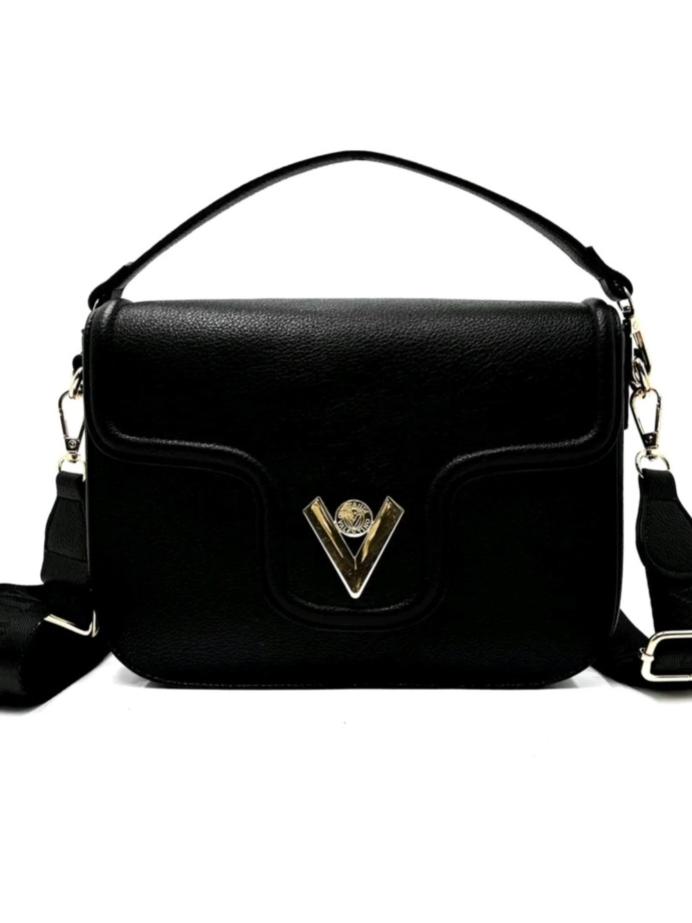 Valentino Orlandi Black Leather Satchel Crossbody with Gold V Emblem NEW